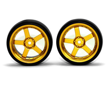 HRC Racing Reifen 1/10 Drift montiert 5-Spoke Gold Felgen 3mm Offset Slick